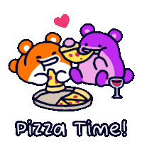 a cartoon of two teddy bears eating pizza and drinking wine with the words pizza time below them