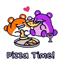 a cartoon of two teddy bears eating pizza and drinking wine with the words pizza time below them