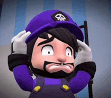 a cartoon character with a beard wearing a purple hat and gloves .