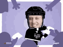 a cartoon of a hockey player wearing a la jersey signing autographs .