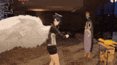 a woman with angel wings is standing in front of a penguin with the number 00 on its head