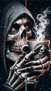a grim reaper holding a cup of coffee in his hand