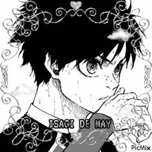 a black and white drawing of a man with the name isagi de may on the bottom