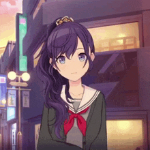 a girl with purple hair and blue eyes is wearing a school uniform with a red bow