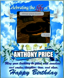 a birthday card for anthony price has a picture of chickens on it
