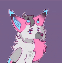 a drawing of a pink and gray fox with blue ears