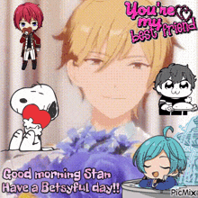 a collage of cartoon characters with the words " good morning stan have a betsyful day " at the bottom