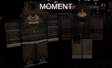 a girl wearing a sweater and scarf is standing next to another girl wearing a sweater and scarf that says moment