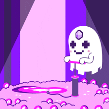 a cartoon of a ghost pumping a balloon with a purple background