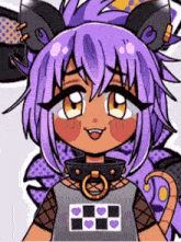 a cartoon girl with purple hair and cat ears is smiling and wearing a collar .