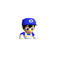 a cartoon character wearing a blue hat with a s on it