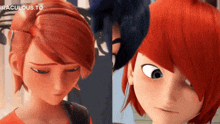 two cartoon characters one with red hair and one with blue hair are looking at each other