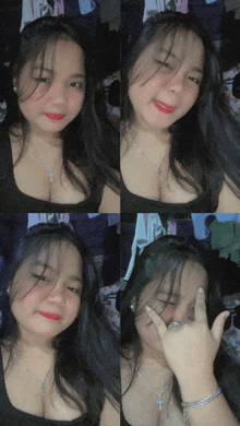 a collage of four pictures of a woman with a cross necklace on her neck