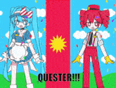 a cartoon drawing of a maid and a mcdonald 's employee with the words quester !!! on the bottom