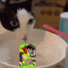 a black and white cat is looking at a picture of a comic book called your psycho