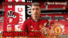 a man in a red manchester united jersey holds a red rose