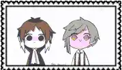 a couple of anime characters standing next to each other in a stamp .