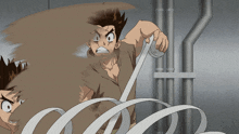 a man in a brown shirt is holding a rope in his hands