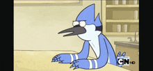 a cartoon of a blue bird sitting on a table with cnhd written on the bottom