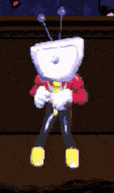 a pixel art drawing of a cartoon character with a white head