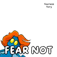 a cartoon of a blue fairy holding a stick and the words fear not below it