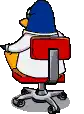 a penguin is sitting in an office chair with a pen in its hand .