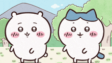 two cartoon cats are standing next to each other in a field with trees in the background