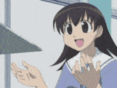 a cartoon girl with a surprised look on her face reaches out her hand