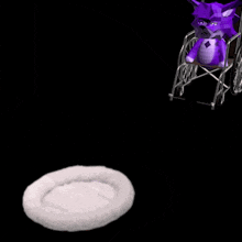 a purple object is sitting next to a wheelchair and a white dog bed