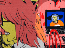a pixel art drawing of a girl looking at a tv