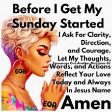 a picture of a woman praying with the words " before i get my sunday started "