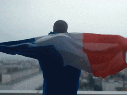 person holding up a french flag floating in the wind