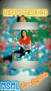 a picture of a woman in a ball pit with the words happy tasking