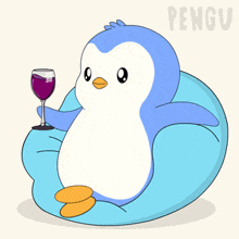 a penguin sitting on a bean bag chair with a glass of wine