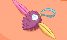 a cartoon drawing of a pine cone with feathers and a ribbon