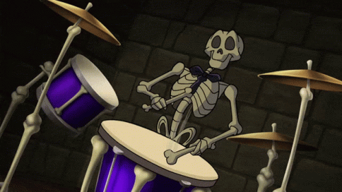 A gif of a cartoon skeleton using bones to make a drumroll.