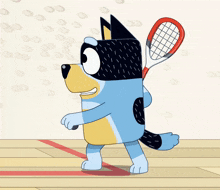 a cartoon dog holding a tennis racquet on a court