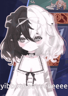 a drawing of a girl with black and white hair and the words yibbeeeeeeeeee