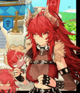 a cartoon character with red hair and horns is wearing a crop top