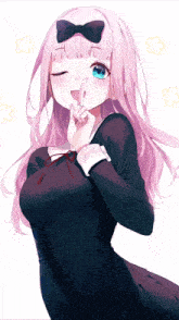 a girl with pink hair and a bow on her head