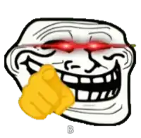 a troll with red eyes is pointing at the camera with a yellow finger .