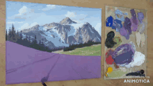 a painting of a mountain and a palette with the words made in animotica on the bottom
