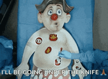a cartoon clown is being operated on and says i 'll be going under the knife .