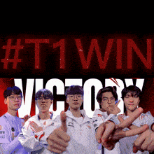 a group of young men giving a thumbs up in front of a sign that says # t1 win