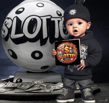 a baby is holding up a sign that says lotto