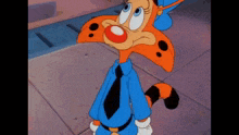 a cartoon cat wearing a blue shirt and tie is waving