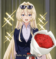 a blonde anime girl holding a bouquet of red roses with the words hello my darling