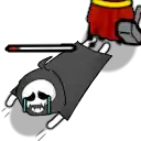 a cartoon character is laying on the ground with a sword in his hand and crying .