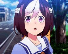 a girl with purple eyes is wearing a blue and white uniform