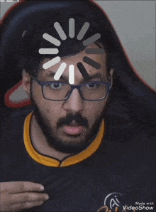 a man with glasses and a beard has a loading screen on his head made by videoshow